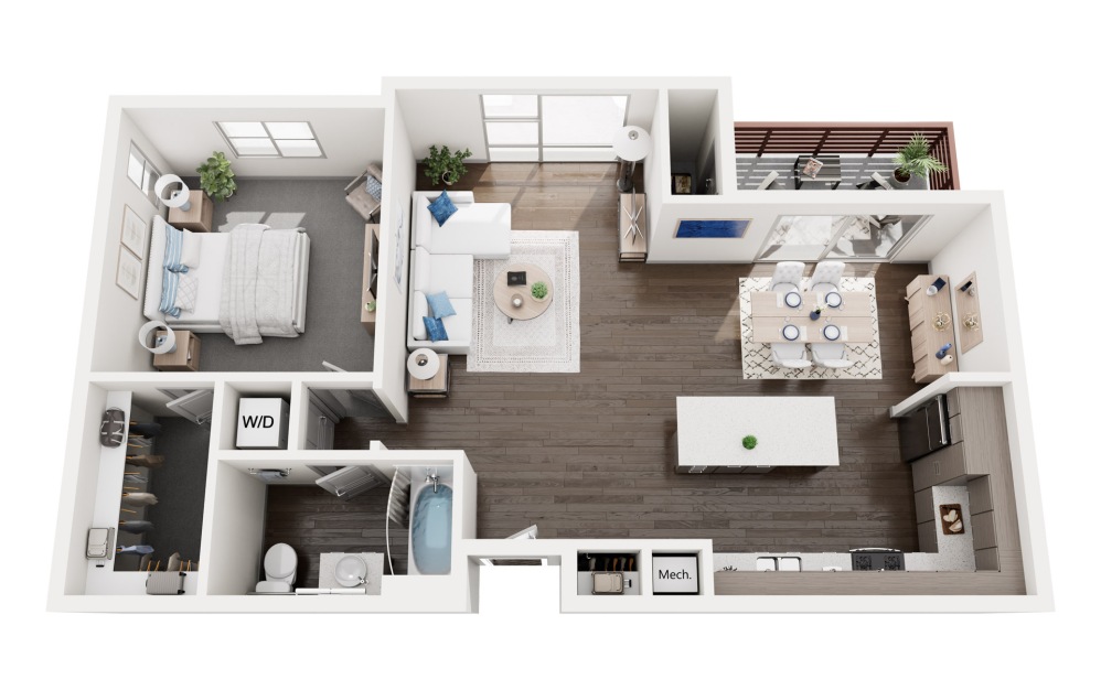 1 bed, 1 bath 3D floor plan