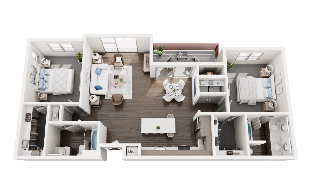 2 bed, 2 bath 3D floor plan