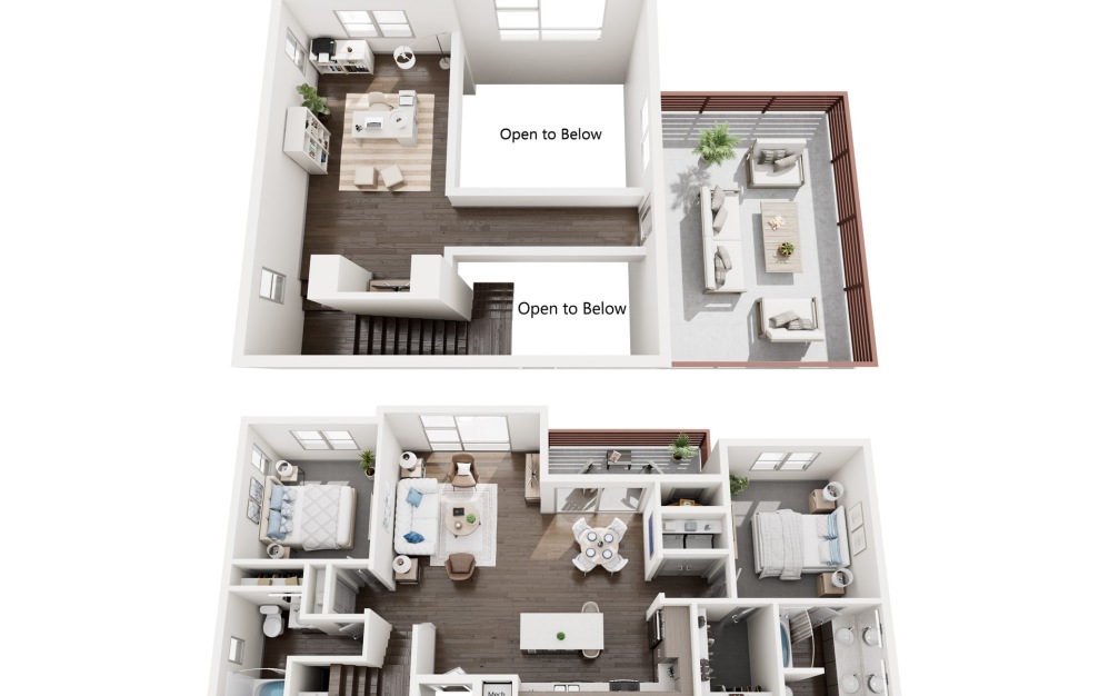 2 bed, 2 bath 3D floor plan