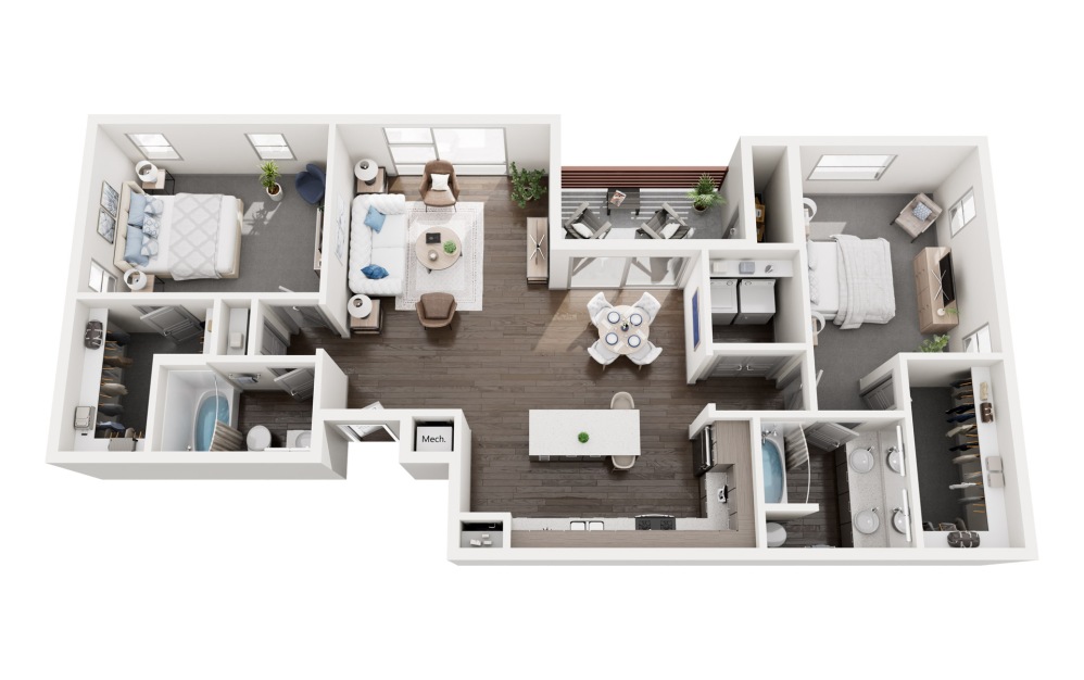 2 bed, 2 bath 3D floor plan