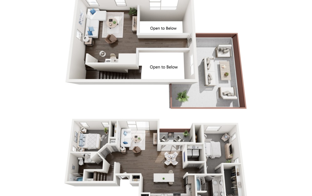 2 bed, 2 bath 3D floor plan