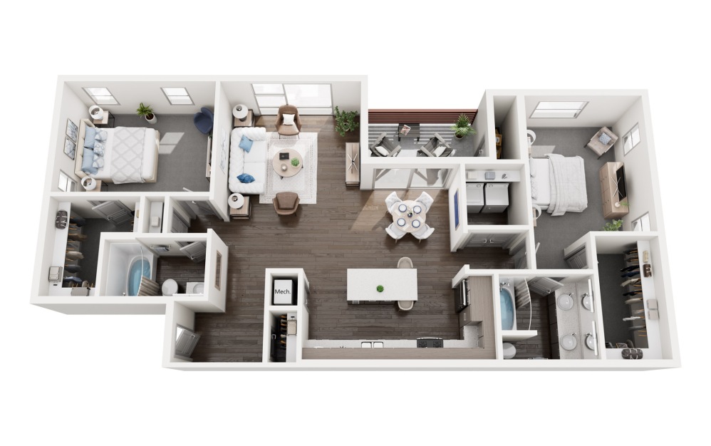 2 bed, 2 bath 3D floor plan